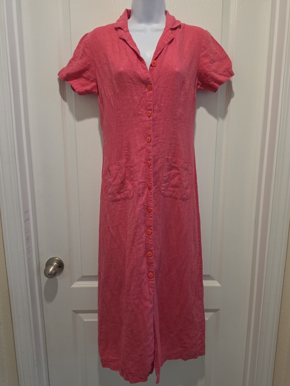 Vintage Carol Anderson Bubblegum Pink Linen Button Down Dress PS Natural Fiber